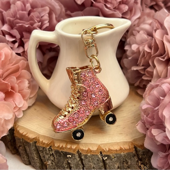 Pink and Gold Crystal Roller Skate Keychain Charm - Picture 2 of 16